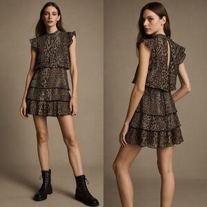 AllSaints Antheia Kiku Plissé Leopard Print Dress US10 Tiered Ruffle Rocker Chic